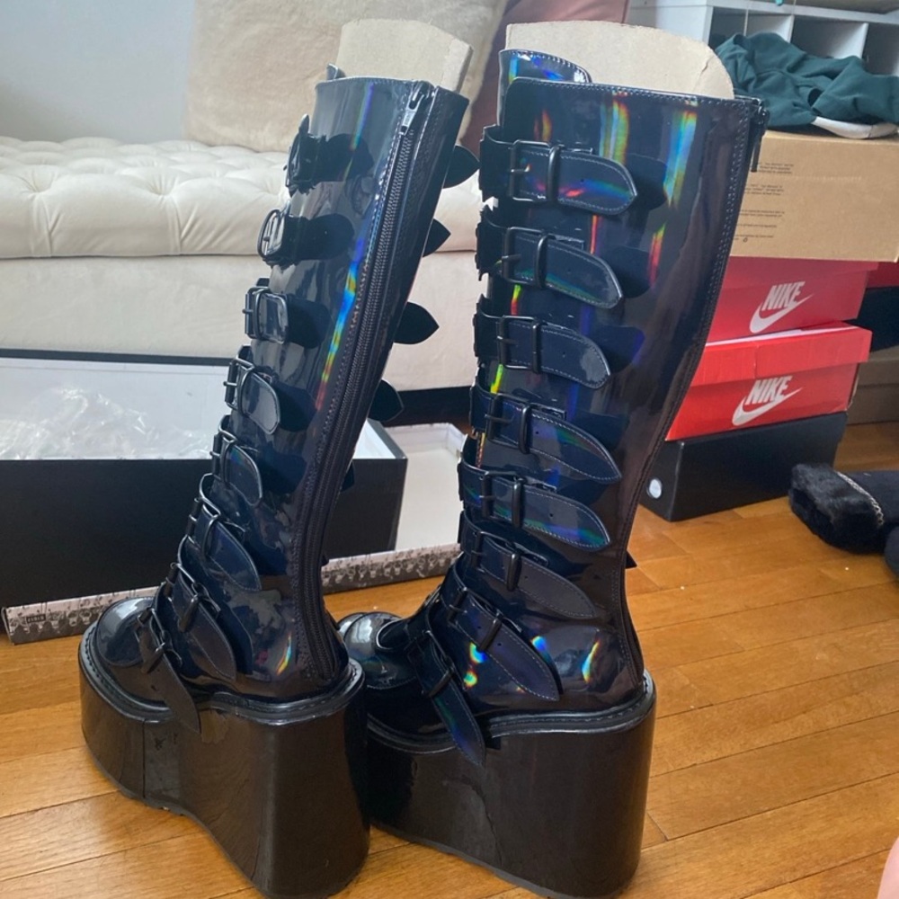 Demonia Swing-815 Black Holographic Patent Boots - Picture 5 of 8